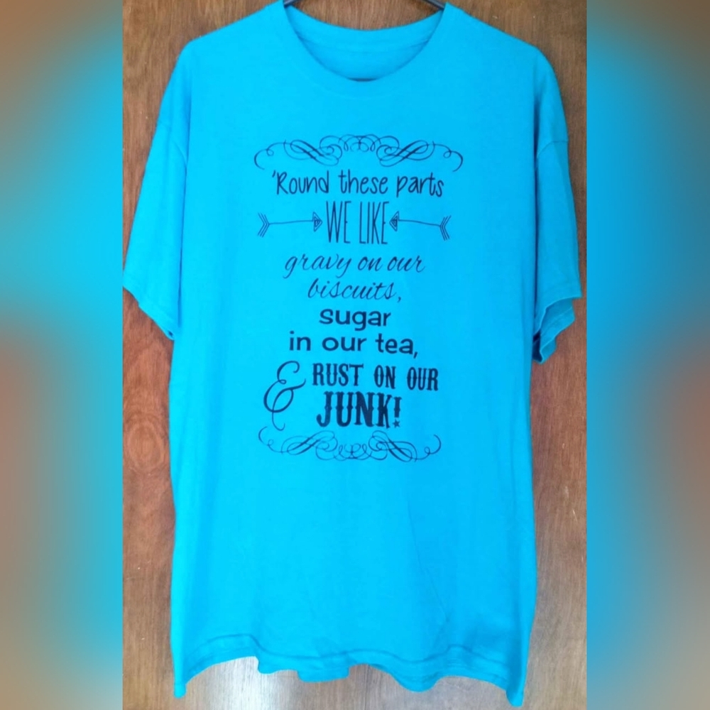 Women's Blue Cotton T-Shirt, Size XL, "Round These Parts" (Tag Missing)